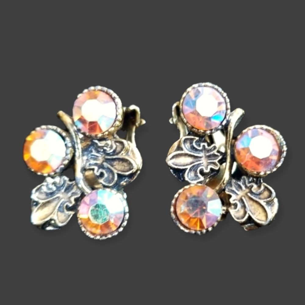 Vintage Austrian Crystal Clip Earrings Gold Tone